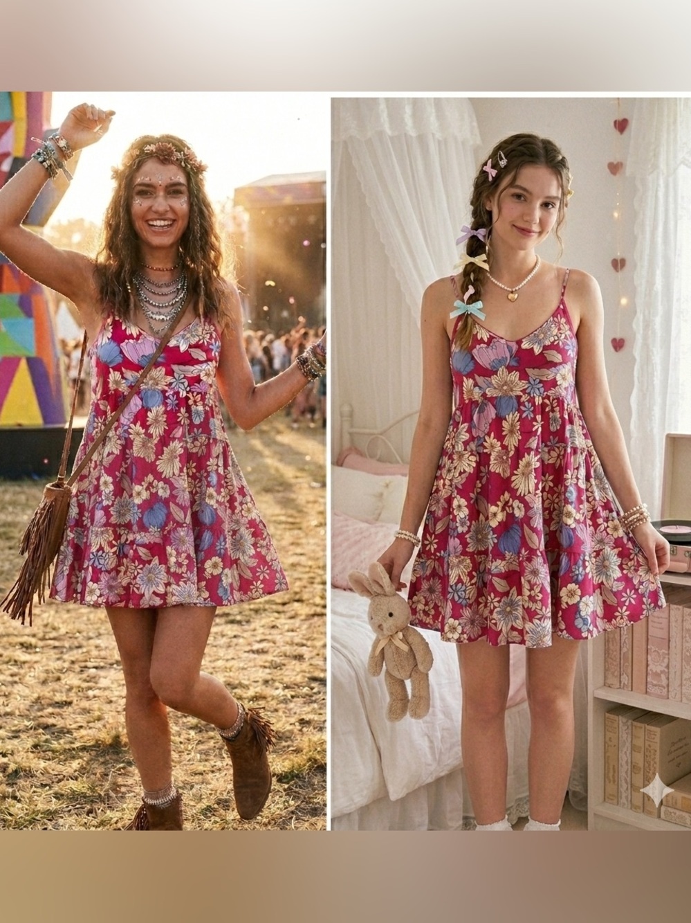 Altar'd State Retro Floral Tiered Cami Mini Dress Sz XS Pink Blue Babydoll Boho